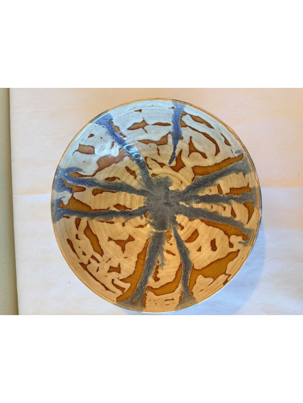 Vintage Signed Studio Art Pottery Bowl Blue Brown Abstract Glaze Handmade